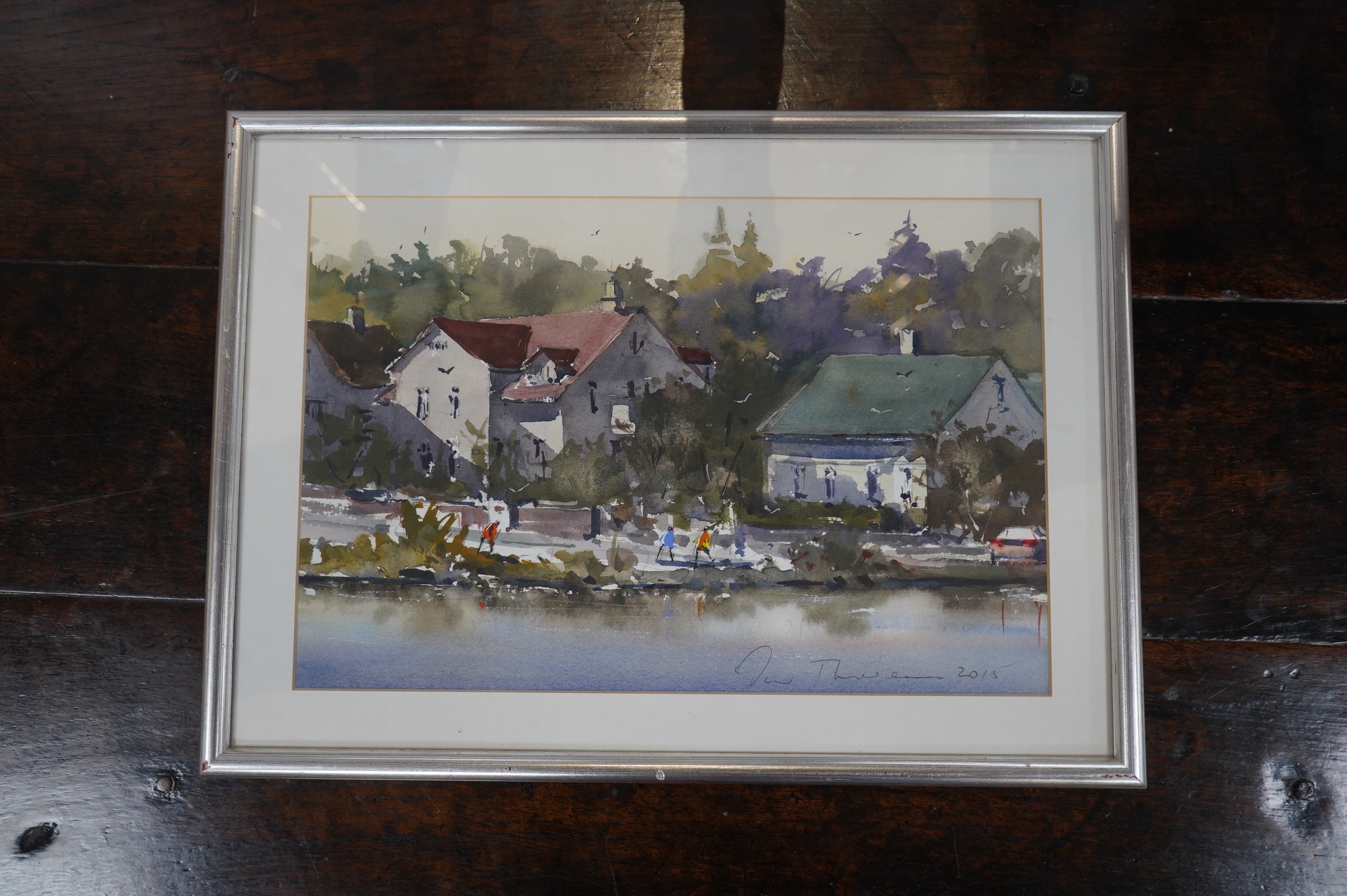 Oskar Thorarensen, watercolour, Riverscape with figures, signed and dated 2015, 22 x 23cm. Condition - good